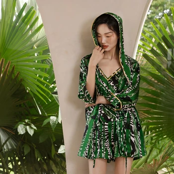 2026 New 100% Mulberry Silk kimono robe Women Print Hooded nightgown Satin Summer bathrobe Loungewear Luxury Belted Sleepwear