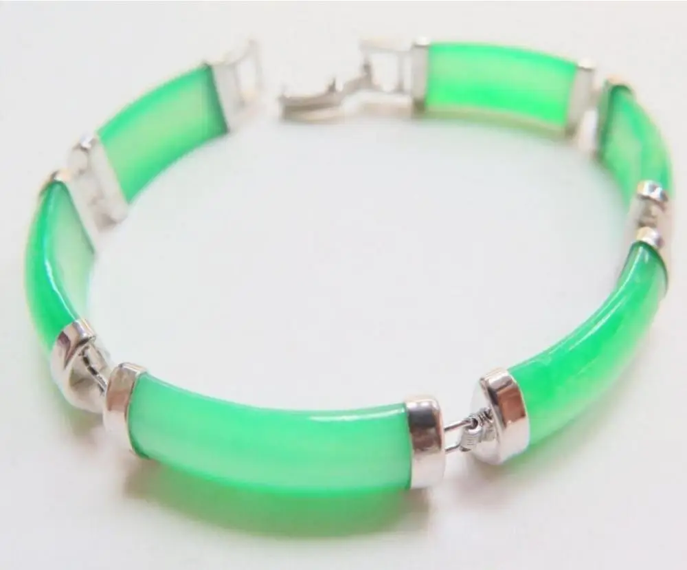 

New White Alloy & Green Square Jade Jadeite Bead Women's Bracelet