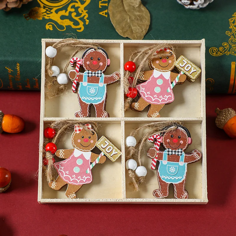 12 Wooden Boxed Christmas Decorations  Wooden Colored Gingerbread Man Small Pendants Christmas Tree Ornaments