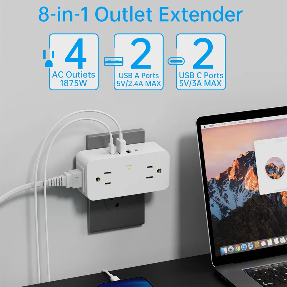 US AC Outlet 90&deg;Rotating Multifunctiona Plug Power Strip Multiprise Wall Socket Network Filter with 2 Usb 2 type-c Adapter