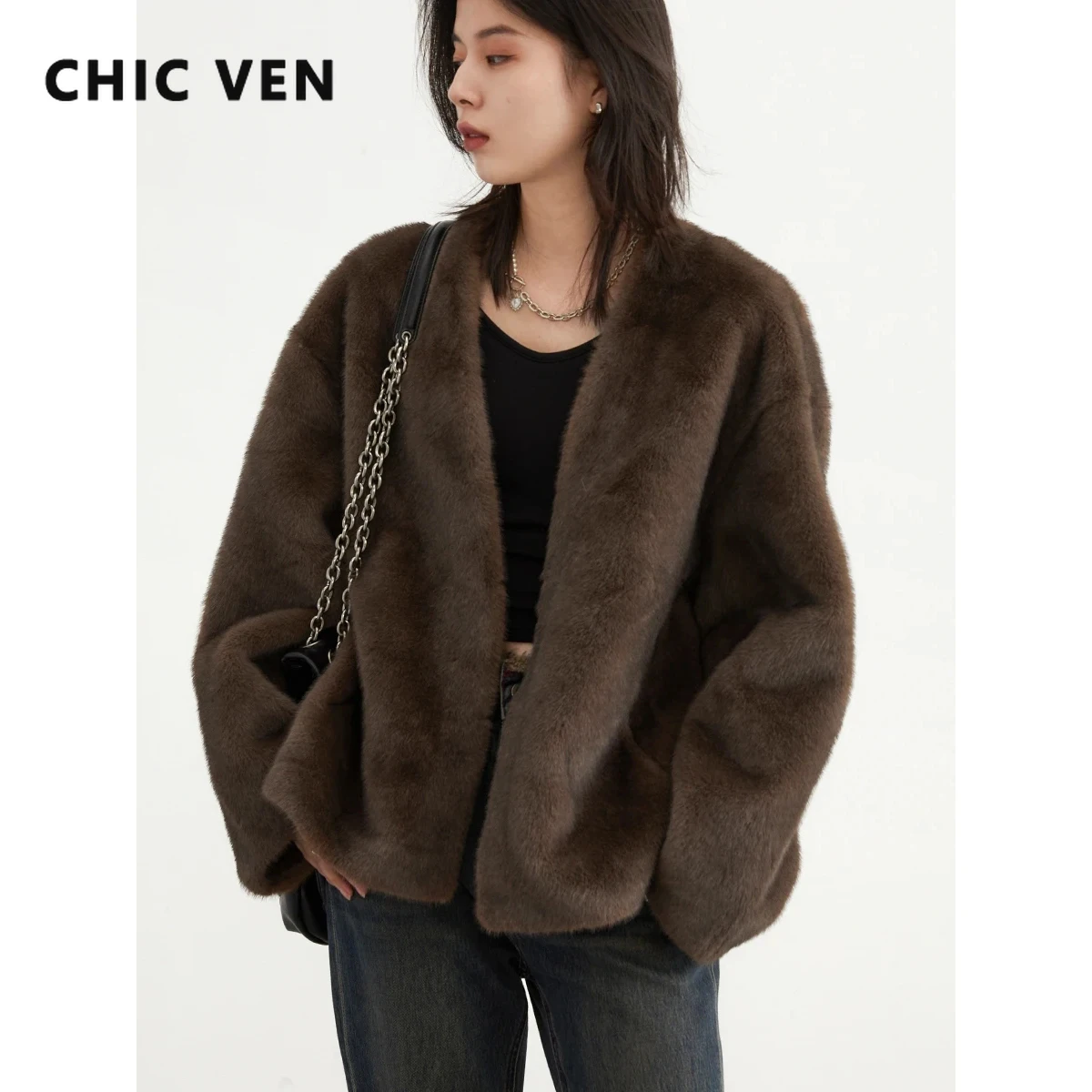 523453-ecc114.jpg Sa18500719f8a45b3a8fd7e39e8b40f61V Women's Jacket Loose Casual Solid Overcoat New Female Plush Coat V-neck Woman Outerwear Autumn Winter Mallzona