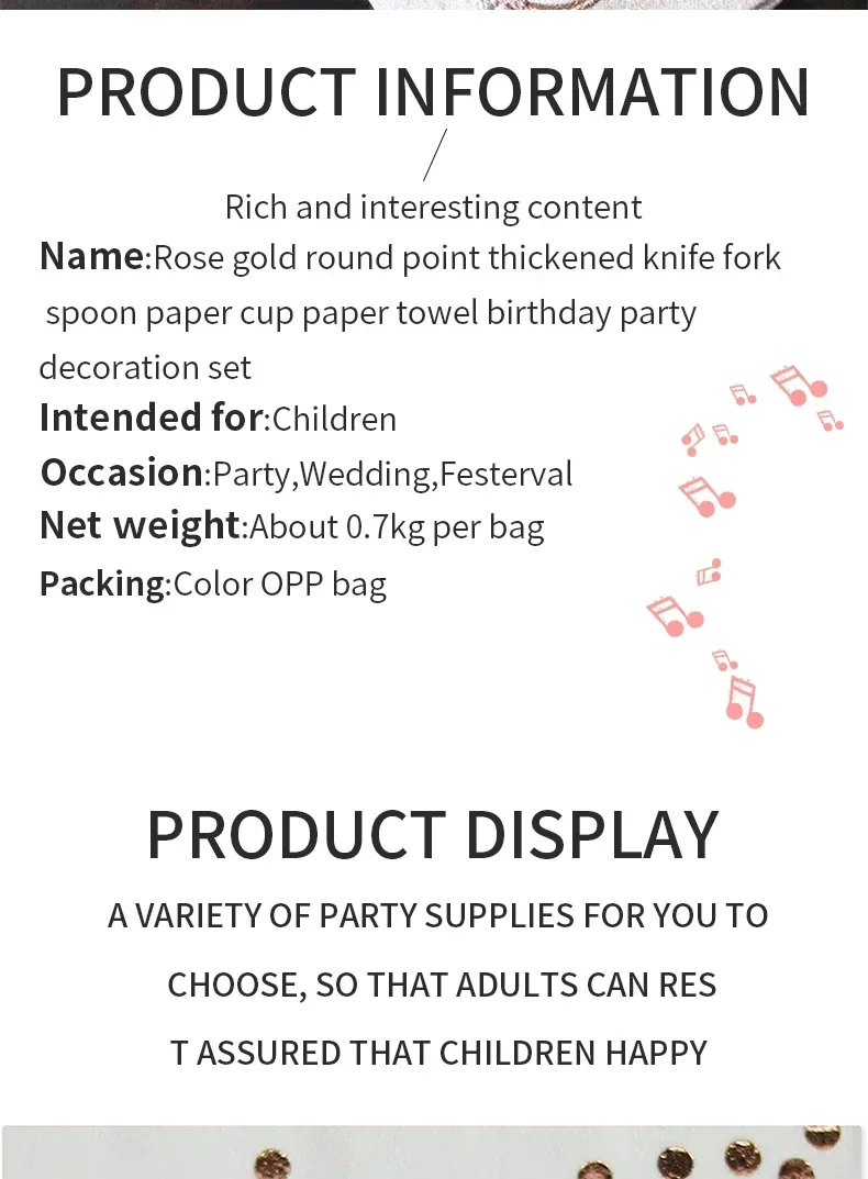 Description Picture 6 of itemRose Gold Disposable Tablecloth Plates for Weddings Table Cloth Knife Fork Spoon Paper Cup Outdoor Picnic Dinnerware Set