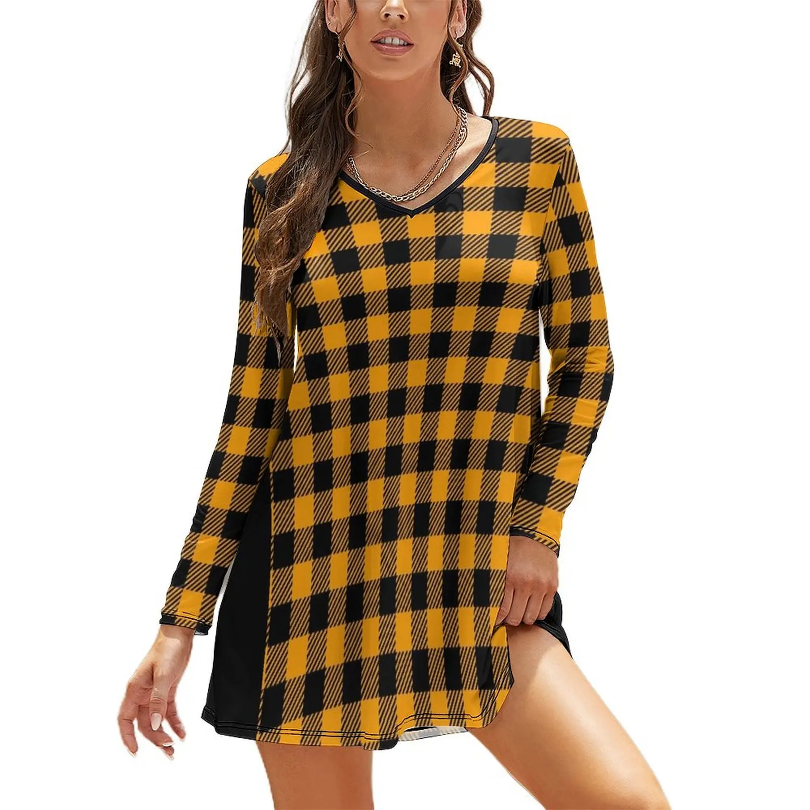 

Fall Plaid Graphic Orange Black Long Sleeved Loose Dress summer women's suit dress women summer 2024