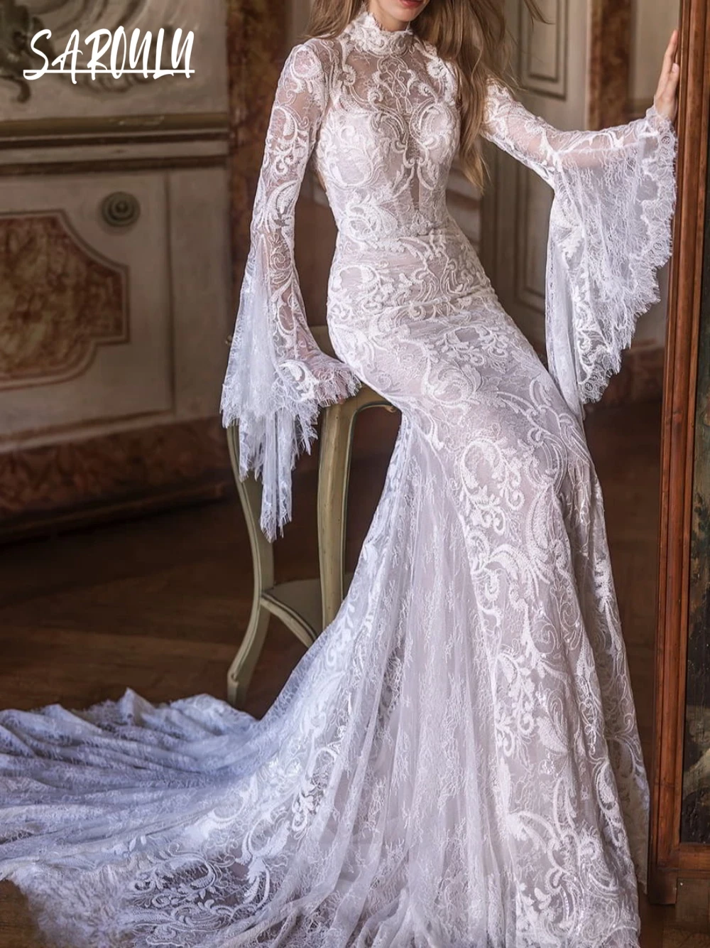 

Romantic Bat Sleeve Wedding Dress Vintage High Neck Mermaid Bride Robe Elegant Floor-length Bridal Dresses Vestidos De Novia