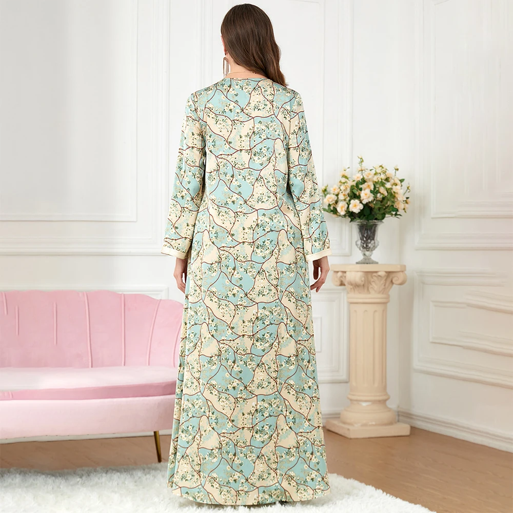 Friday Muslim Ramadan Elegant Button Decorated V Neck Floral Lace Bell Sleeves Holiday Party Loose Women's Arabic Long Dress