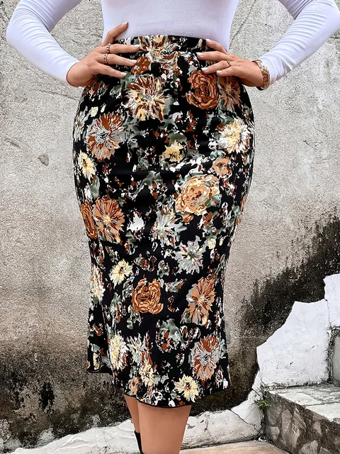 GIBSIE Plus Size Floral Print Retro Bodycon Women Skirt Fashion