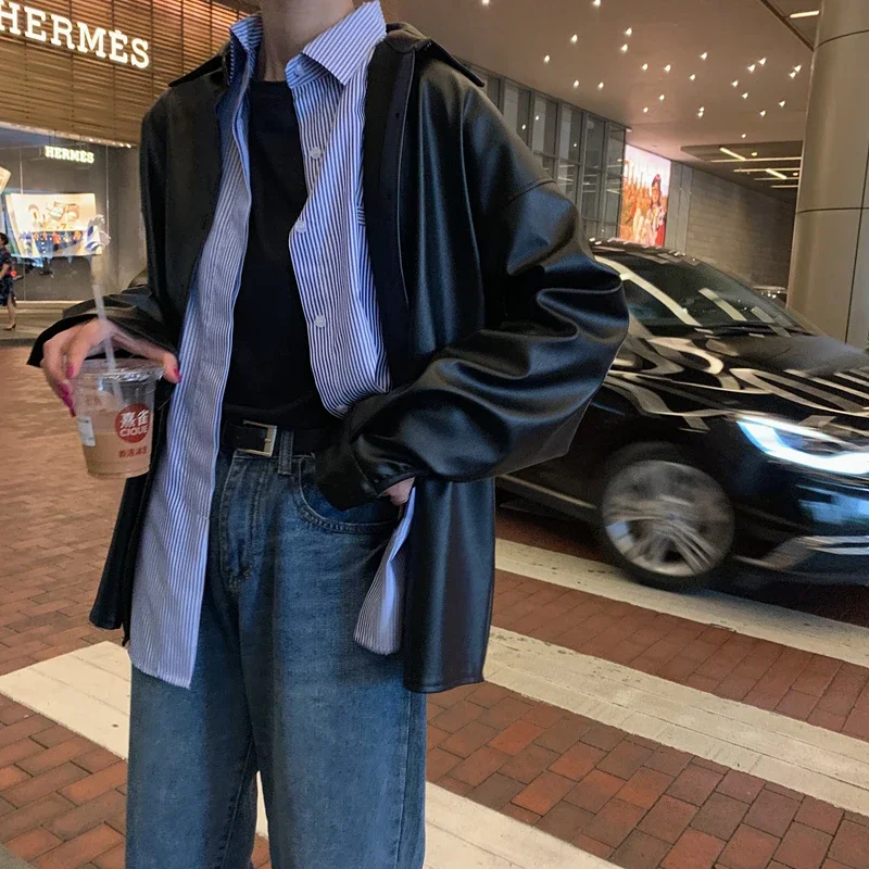 2022 Autumn Winter Blouses PU Leather Biker Jacket Women Black Faux Leather Basic Coat Turn-down Collar Oversized Motor Trench