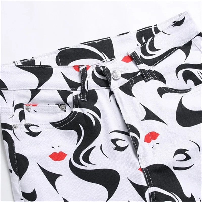 Summer Red Lip Beauty Design Jeans Men's Cotton Soft Small Straight High Street Personalized Slim Fit Pants Motorcycle 2023 New