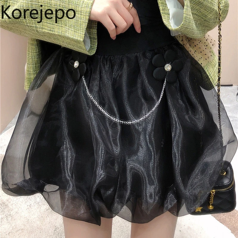 Korejepo Black Mesh Fluffy Skirt Women Versatile Sweet Bottom Summer 2022 Preppy Style Kawaii Solid Age Reducing Short Skirts black denim skirt