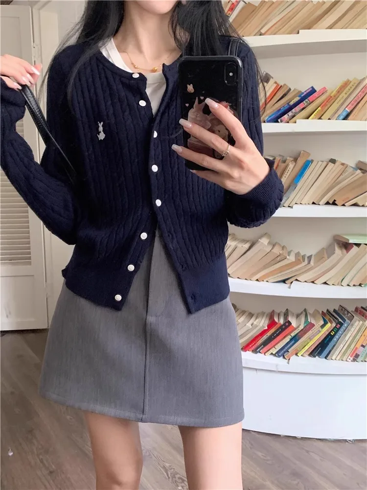 Navy blue rabbit embroidery 100% pure wool cardigan women's thin style long sleeved knitted sweater jacket unique and chic top