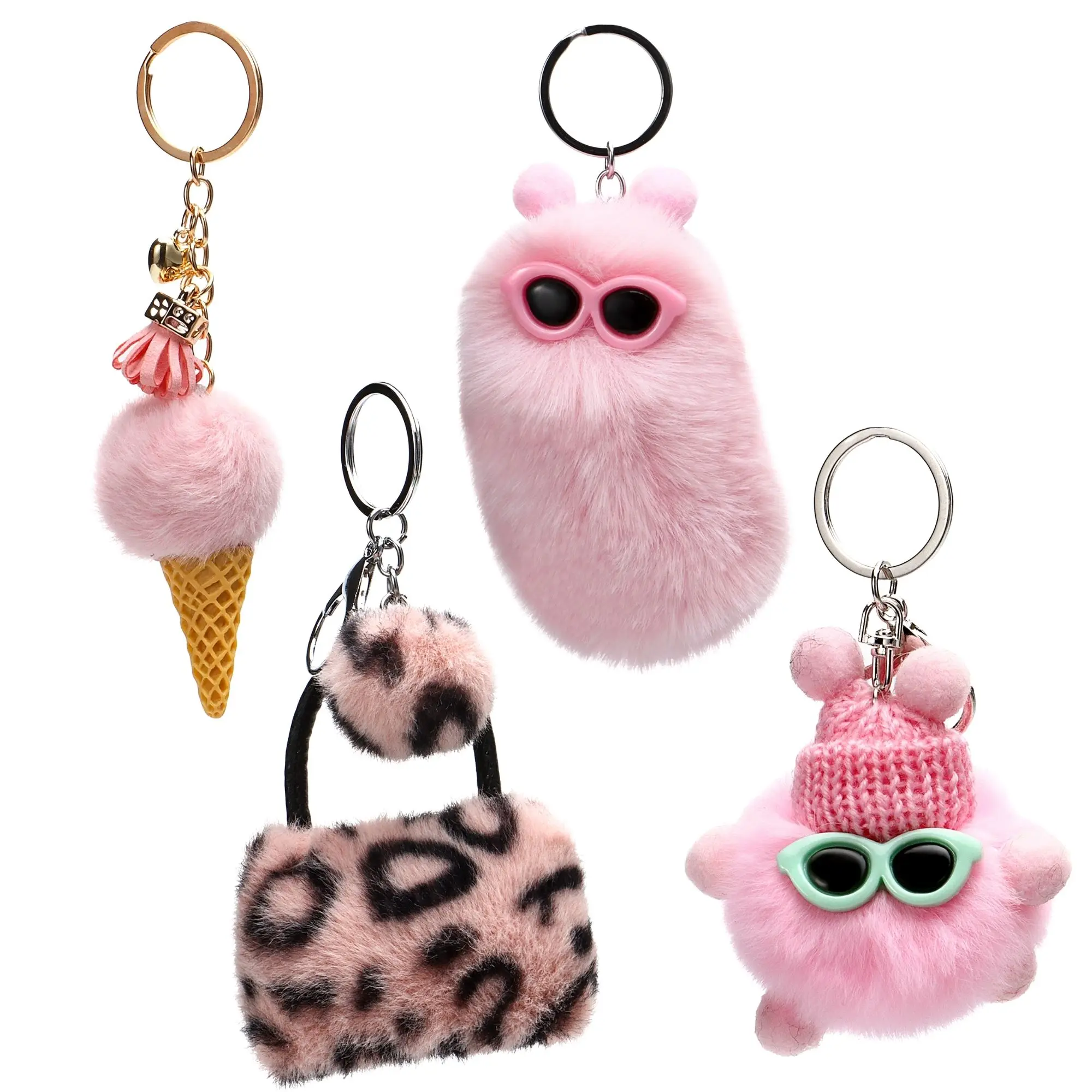 

Qiiuuy 4 Pieces Cute Keychain Fluffy Faux Rabbit Fur Kawaii Keyring For Girls Womens Bag