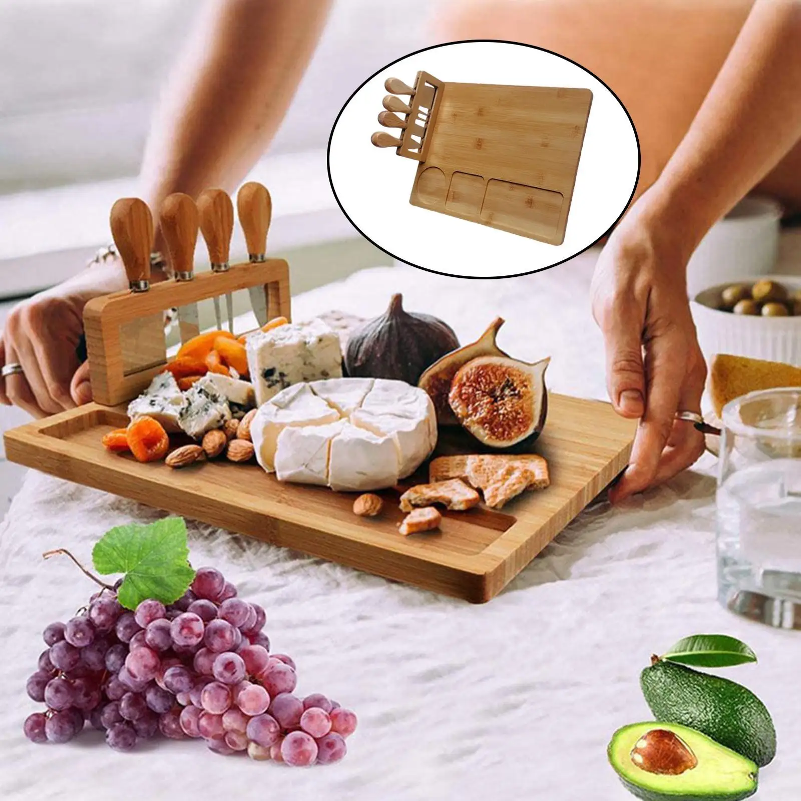 Rectangle Bamboo Cheese Board Set Unique Stainless Steel Cutlery Cheese Serving Meat Board for Gift Anniversary Man Women