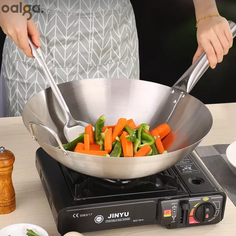 

304 Stainless Steel Non Stick Wok Chinese Handmade Wok Double Ear Chef Fry Wok Gas Cooker Non Coating Round Bottom Cooking Woks