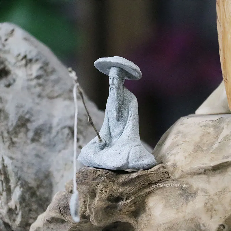 Fish tank ornaments 1pc Fish Tank Garden Sitting Fishing Sandstone Vintage Ornament Aquarium Mini Fisherman Statue Asian Zen Room Decoration
