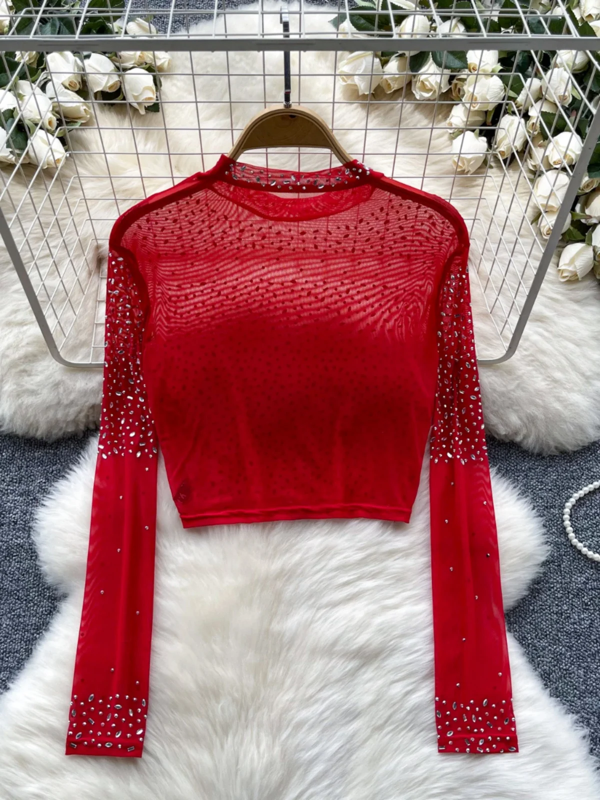 Women's Sexy Thin See-tough Long Sve Me T-irt ort Heavy-du Rhinestone Base irt Korean Sle Creative Pattern