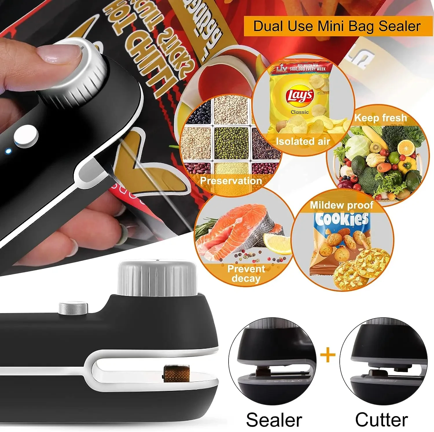 Rechargable 2 In 1 Mini Heat Sealer Bag Clip Handheld Sealer