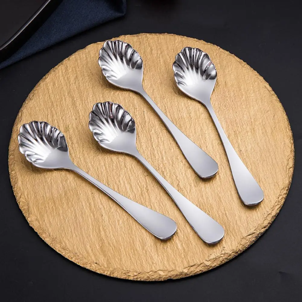 Non-stick Silver Color Durable Spoon Stainless Steel Scoop Dessert Shell Shape Fruit Rust-resistant Coffee Kitchen Supply