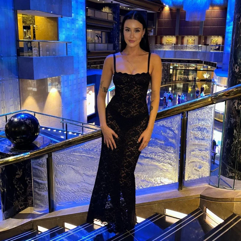 Lace Black Dress Female Slim Hollow Out Spaghetti Backless Dress Elegant Party Evening Gown Split Women Maxi Dress Summer