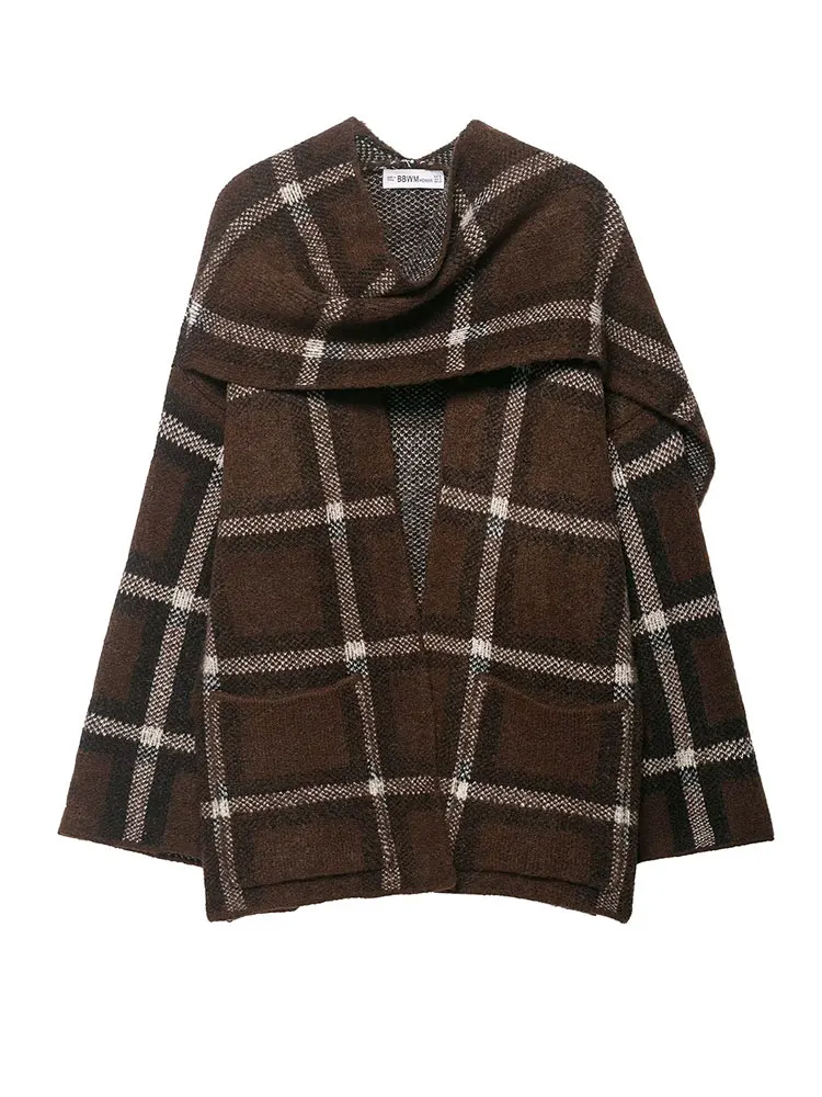 HH Autumn Women Plaid Knit Scarf Collar Cardigan Coat Long Sleeve Oversize Jacket With Pockets Fashion High Street Lady Clothing