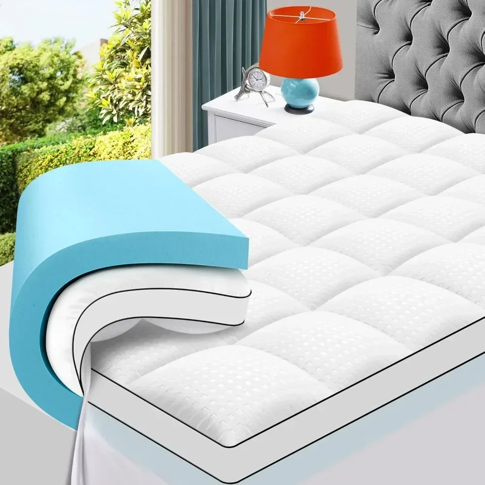 Dual Layer Memory Foam Mattress Topper, 2 Inch Gel Memory Foam and 2 Inch Cooling Pillow Top Mattress Pad Cover for Back Pain