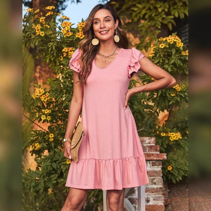 Women's V-neck Lotus Sleeve Loose Belted Short-sleeved Dress Bodycon Dress  Dress for Women  Maxi Dresses for Women