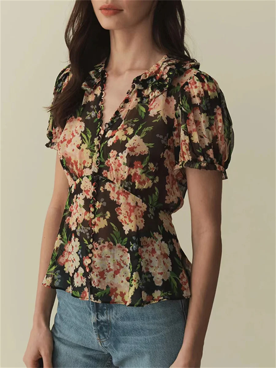 100% Silk Women Puff Sleeve Shirt Floral Printed Single Breasted Casual Blouse Summer 2025