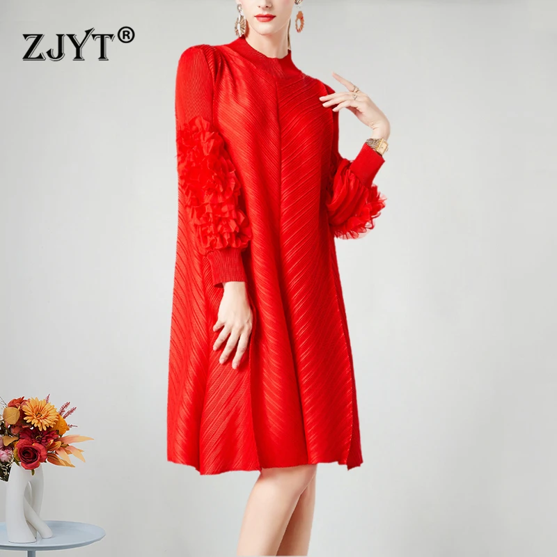 

ZJYT Designer Spring Dresses for Women Elegant Lantern Sleeve Loose Casual Party Dress Floral Appliques Red Vestidos 2024 New