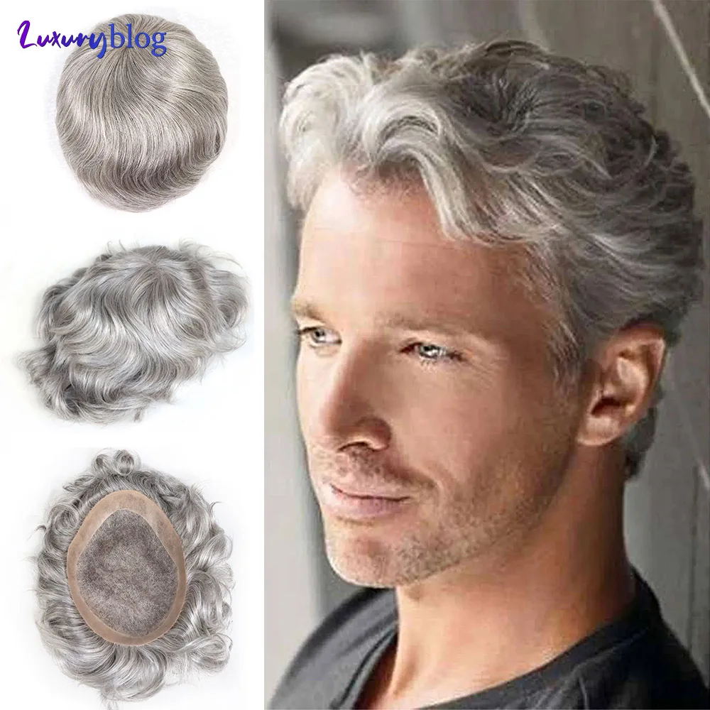 

#580 Human Hair Toupee for Men Sliver Grey Mens Hairpiece Fine Mono with NPU Hair Replacement System Wave Male Wig Patch 8x10"