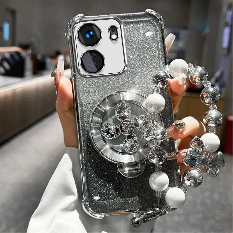 Gradient Glitter Phone Case with Hand Strap and Electroplated Finish