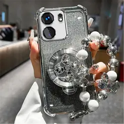 Gradient Glitter Phone Case with Hand Strap and Electroplated Finish - Poco x7 pro (Silver)