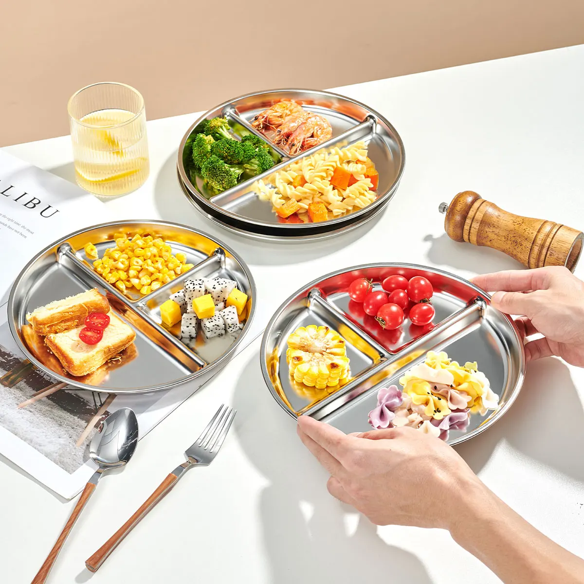 Round Dinner Plate With Compartments 304 Stainless Steel Divided Dinner Dish Fruit Salad Food Plates Kitchen Tableware