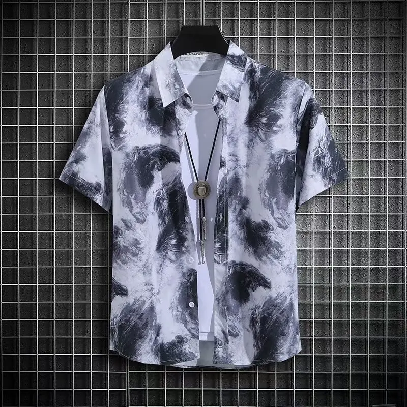 Ink Color 2024 Fashion Summer Men Loose Shirt Printing Shirt Casual Trend Affordable Short Sleeved Comfortable All-match Tops