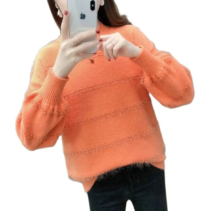 

Новинка 2022, женский свитер, осенне-зимняя свободная вязаная рубашка для ленивых дам, однотонная куртка с круглым вырезом, женская рубашка