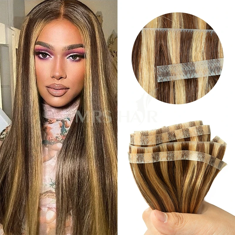 Long Flat Weft Invisible Tape Human Hair Bundels Natural Seamless & No-Glue Tape in Human Hair Extensions ThicK Ends