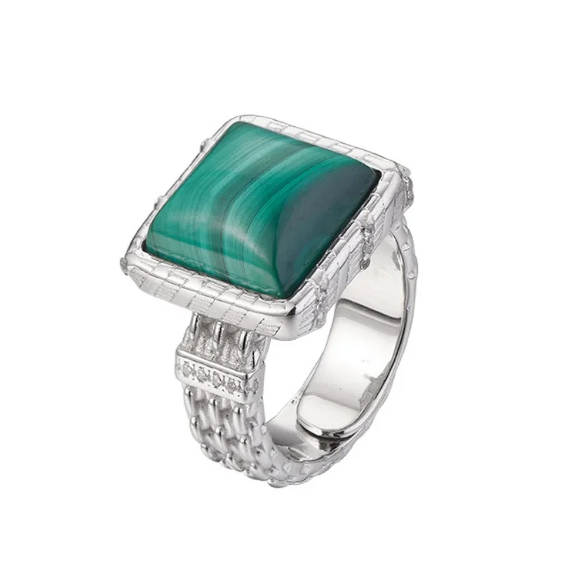 S925 sterling silver charms rings for women men new fashion simplicity geometric square malachite punk jewelry free shipping