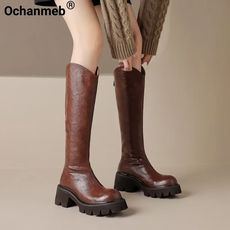 

Ochanmeb Women Real Natural Leather Boots Gothic Round Toe Equestrian Riding Boots Woman Goth Thick Bottom Platform Zipper Shoes
