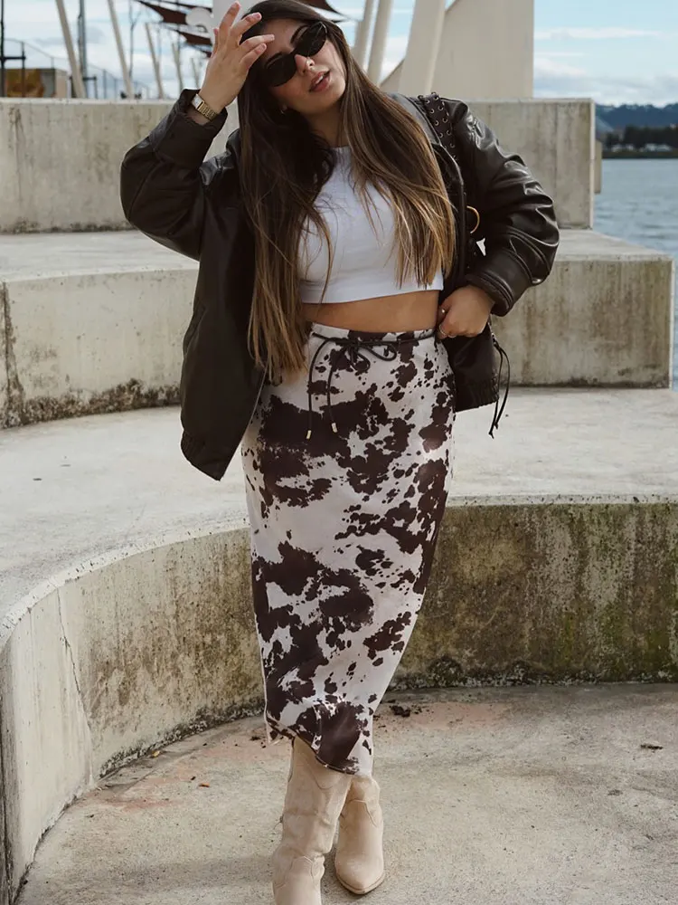 HH Women Fashion Print Long Skirts Belt Design High Waist Midi Skirt Elegant Woman 2025 Summer Casual Holiday Skirts