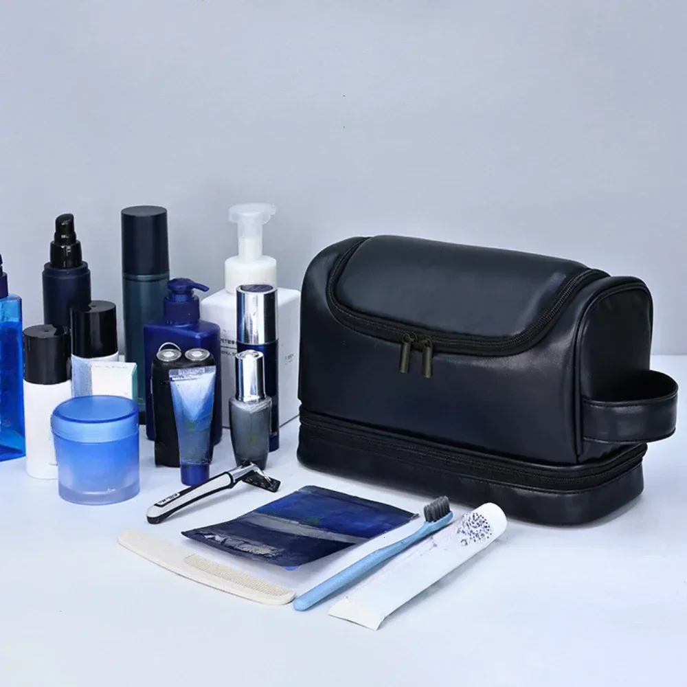 Large Hanging Toiletry Cosmetic Travel Bags for Men Women Leather Travel Bags with Hanging Hook Toiletries Bathroom Shaving Bags