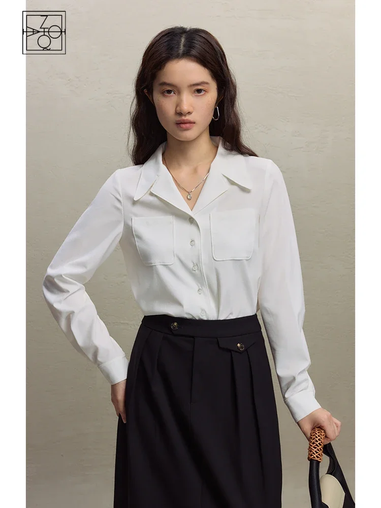 ZIQIAO Front Shoulder Cuban Collar Long Sleeve Shirt Two Pocket Decoration Women Temperament White Blouse Office Lady Winter Top cuban missile crisis pc