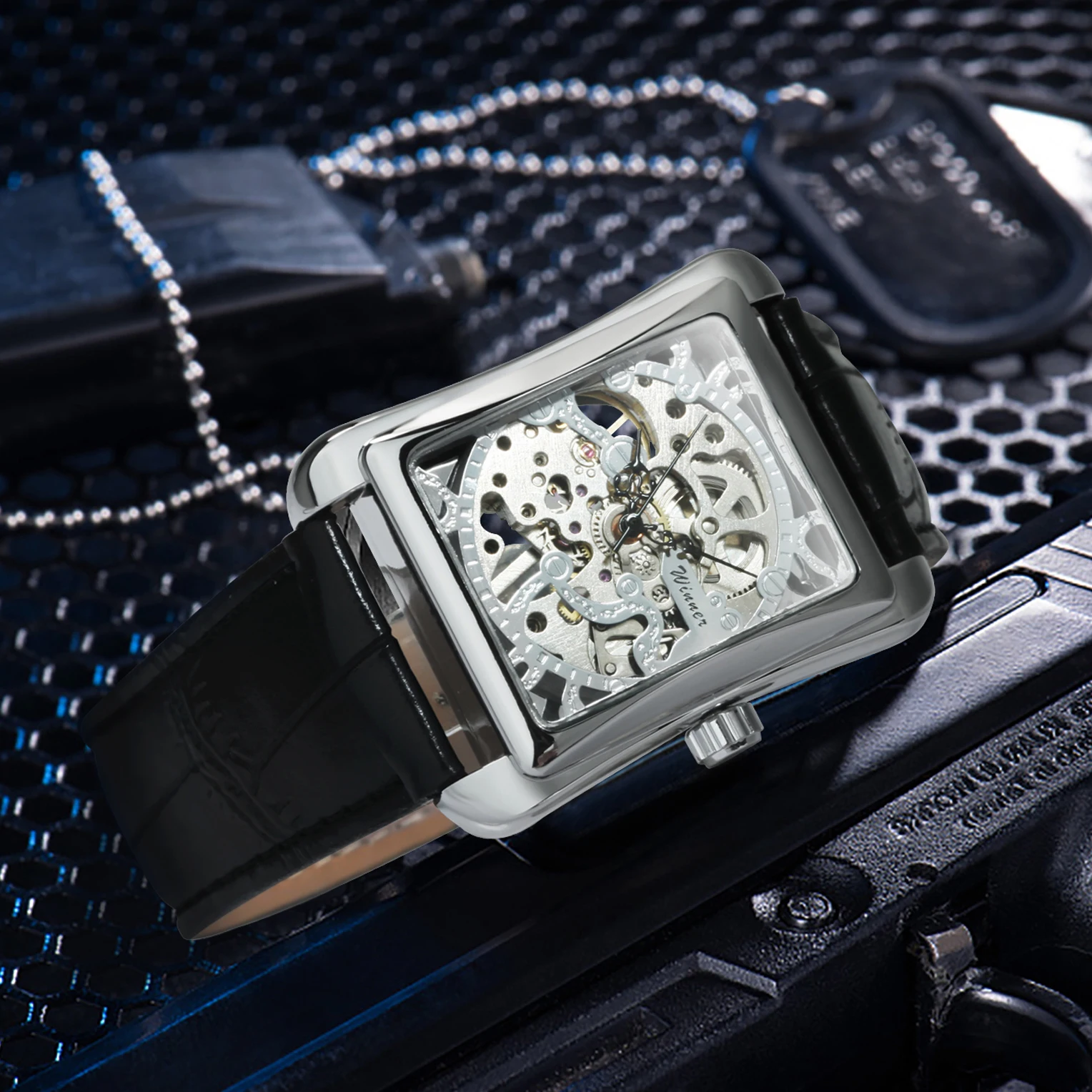 Men Watches WINNER Luxury Leather Strap Mechanical Wristwatch Silver Rectangle Fashion Gift horloges mannen