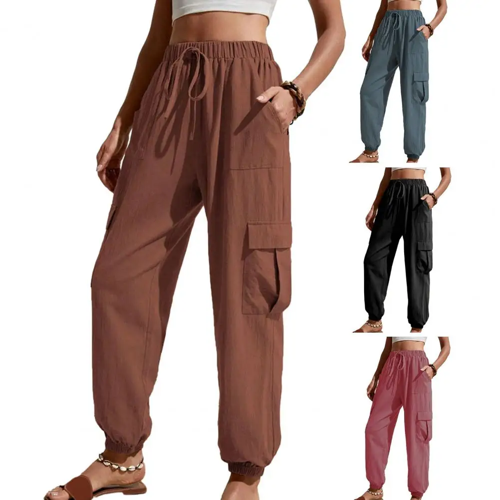 

Women Trousers Multi Pockets High Elastic Waist Drawstring Loose Retro Solid Color Soft Breathable Casual Ankle-banded Long Pant