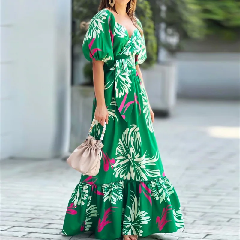 

Spring 2023 New Trend Womens Temperament Printing V-neck Bubble Sleeve Pleated Waist Swing Dress Green Women Long Dress