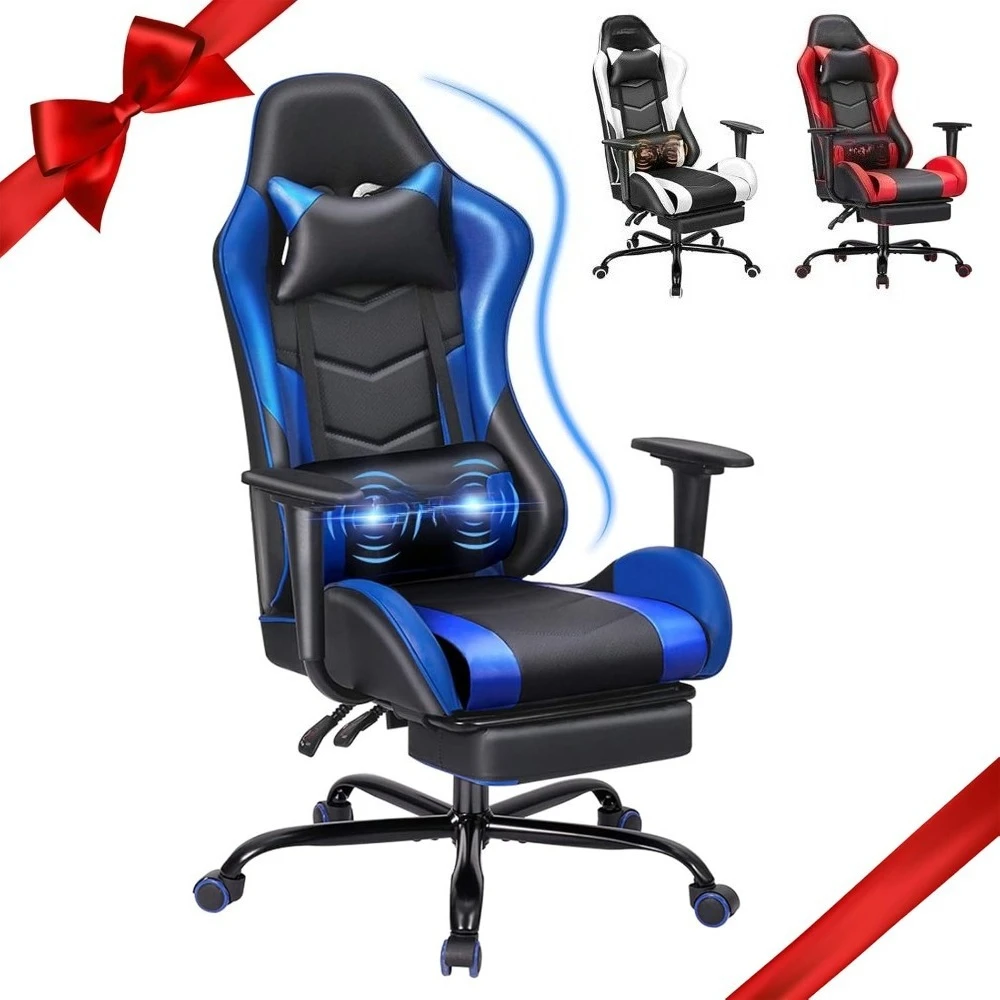 PC Massage Gaming Chair with Footrest Ergonomic Office Desk Chair Racing PU Leather Recliner Swivel Rocker with Headrest 1