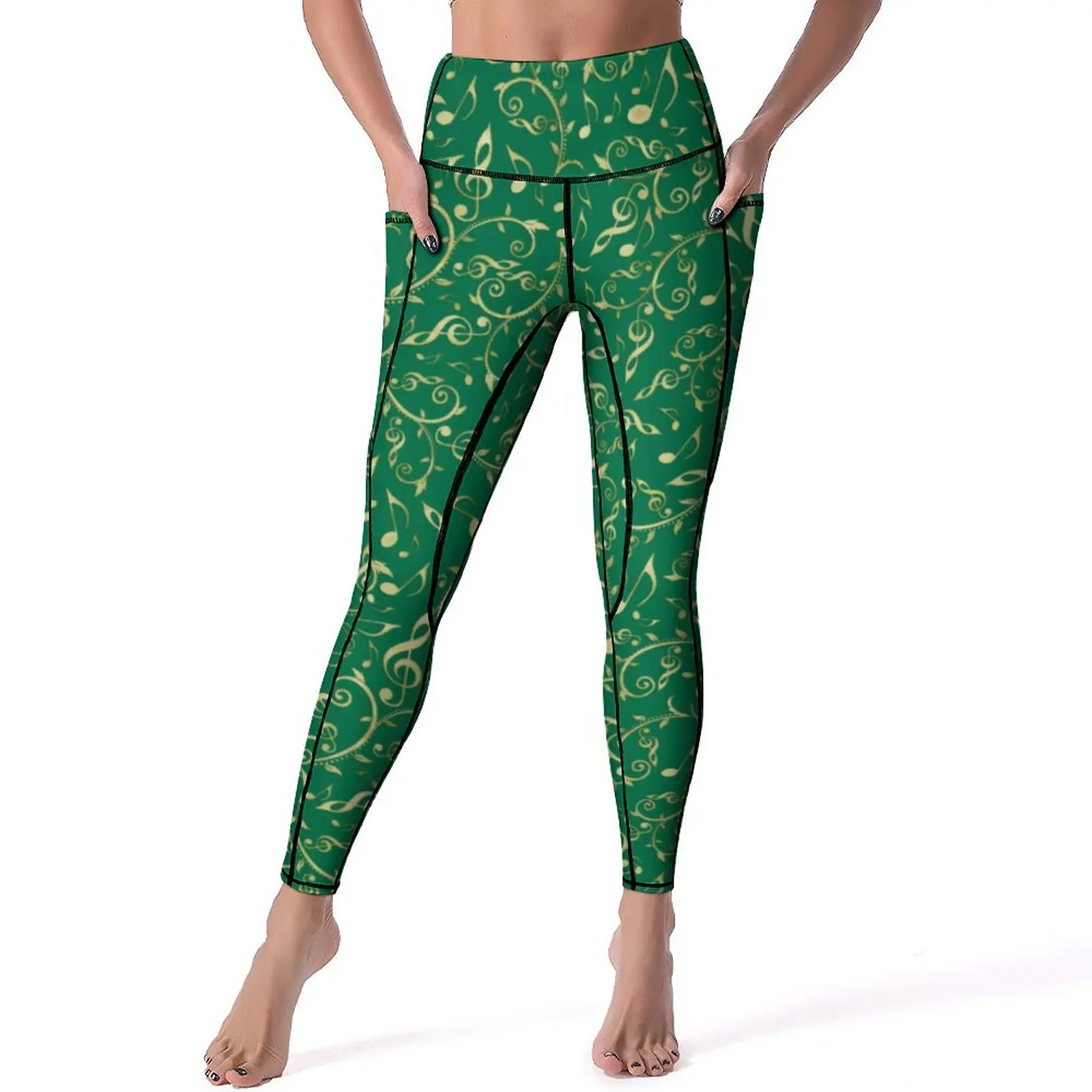 

Festive Christmas Leggings Sexy Gold Music Notes Gym Yoga Pants Push Up Stretchy Sports Tights With Pockets Novelty Leggins