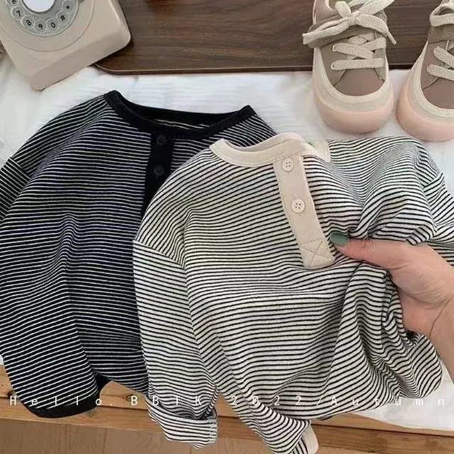 T-shirt rayé coréen à manches longues pour enfants, haut simple pour bébé, chemise chaude pour garçons et filles, printemps, automne 1