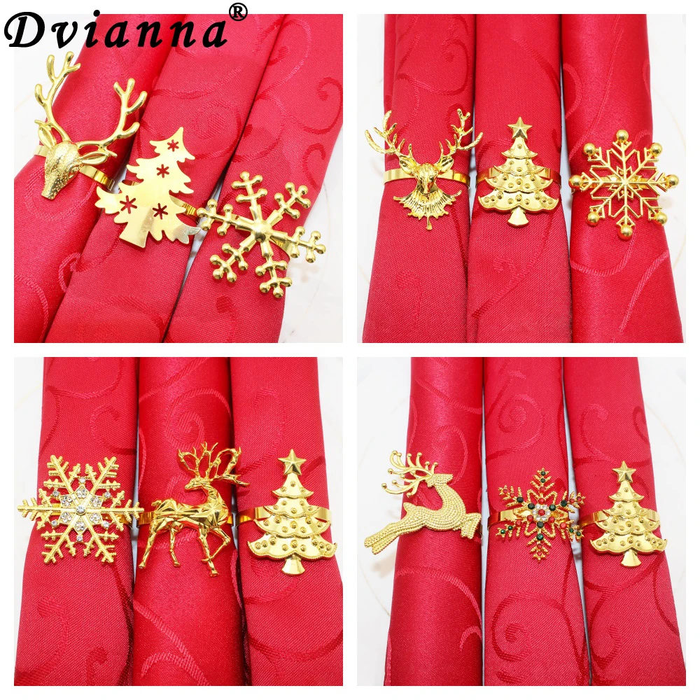 Christmas Napkin Holder 6Pcs Gold Christmas Napkin Ring Metal Snowflake Deer Serviette Buckle Xmas Tree Napkin Holder For Home Christmas Table Decor