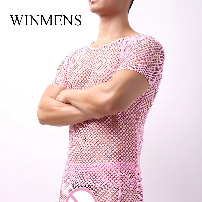 Men's See Through Large-mesh Undershirts Solid Cut-outs Super Stretch Short Sleeves Tops Gay Sissy Sexy Fishnet Base Shirts