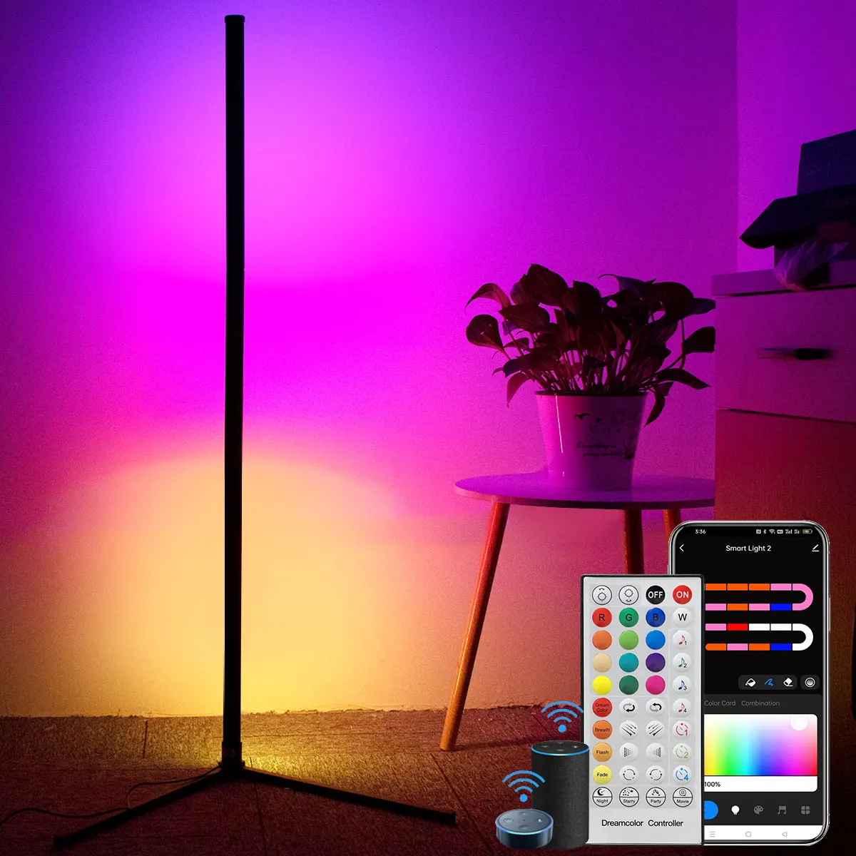 RGB 색상 변경 LED 코너 플로어 램프, 조도 조절 가능, 160cm 스탠딩 라이트, USB 전원, 리모컨 포함, 침실 게임방
