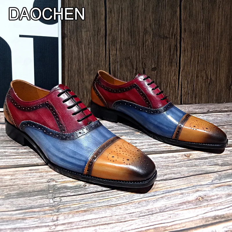 FASHION DESIGNER MEN LEATHER SHOES LACE UP POINTED MIXED COLOR CASUAL DRESS MAN SHOE WEDDING OFFICE OXFORD SHOES FOR MEN
