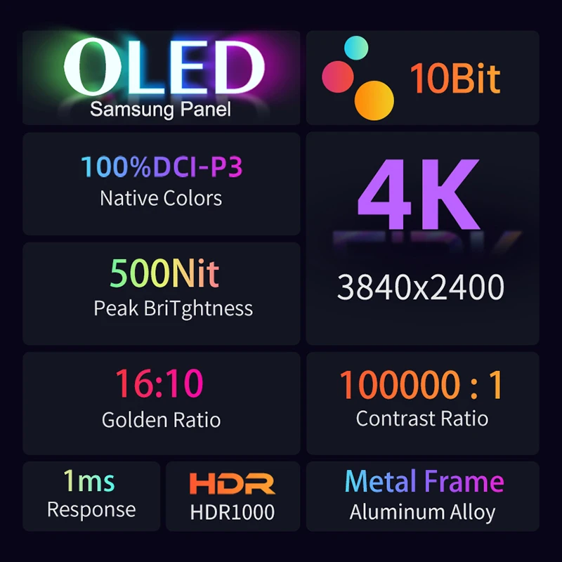 16'' AMOLED Display 16:10 Aspect Ratio UHD 3840x2400p 500nits Aluminum Alloy Material with All in One Stand Portable